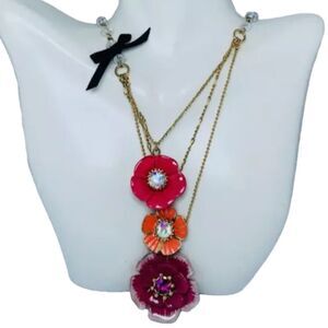 Betsey Johnson Icy Crystal Hawaiian Pink Flower Necklace 19" 3 Tier Layered Boho